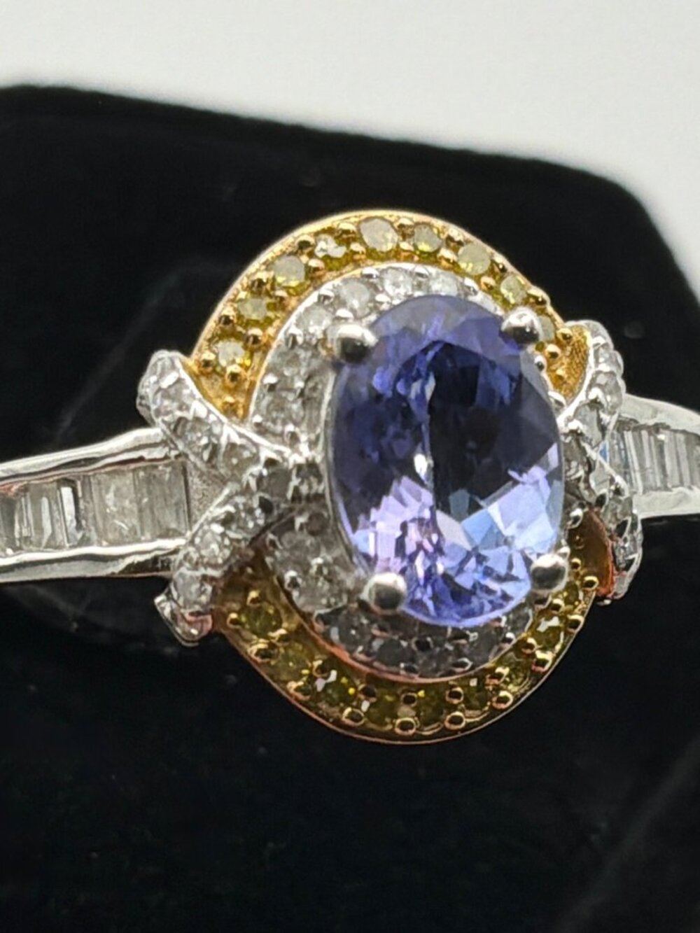 Tanzanite Ring with yellow and white diamond accents in rhodium over sterling